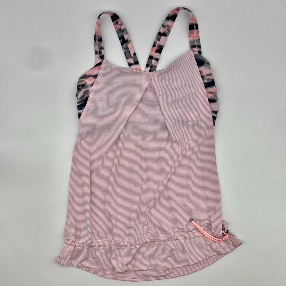 LULULEMON PINK STRIPE BUILT IN BRA YOGA DRAWSTRING WAIST TANK TOP RACER BACK 8
